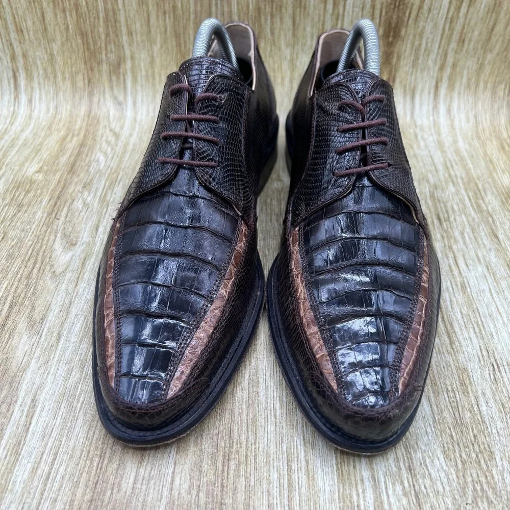 Slick Exotica Oxford Dress Shoes Men's Size 8 Brown Crocodile Lizard Skin Italy
